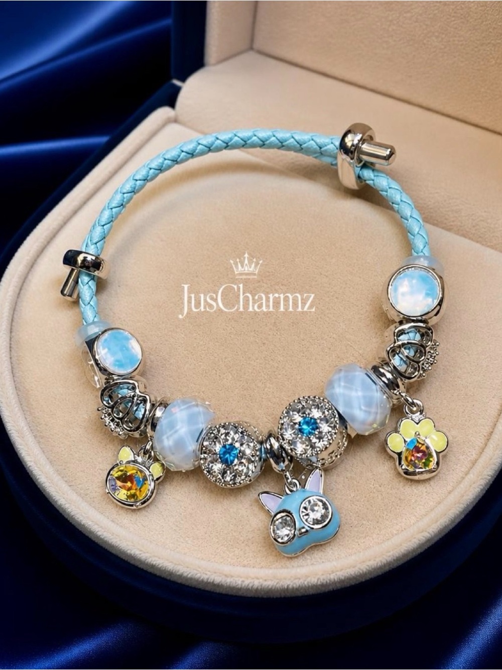 Light Blue Braided Charm Bracelet with Crystal Accents
